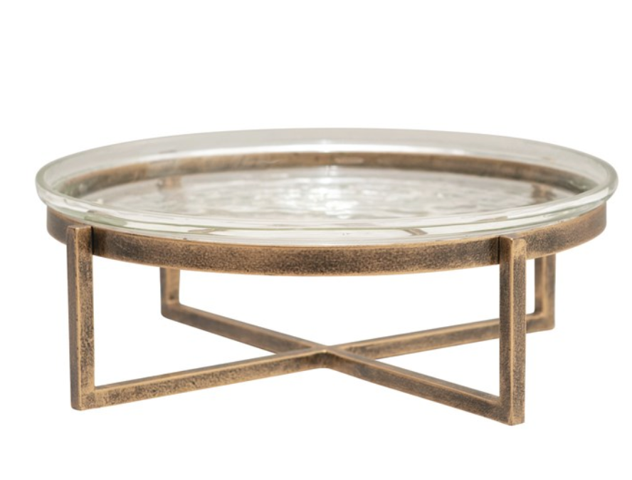 Large Glass Serving Tray with Metal Stand
