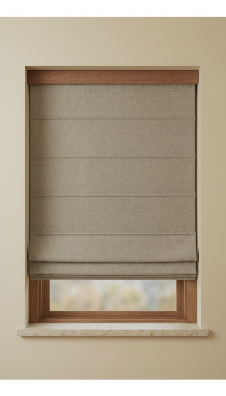 Taupe Mist Roman Shade with Walnut Wood Hardware