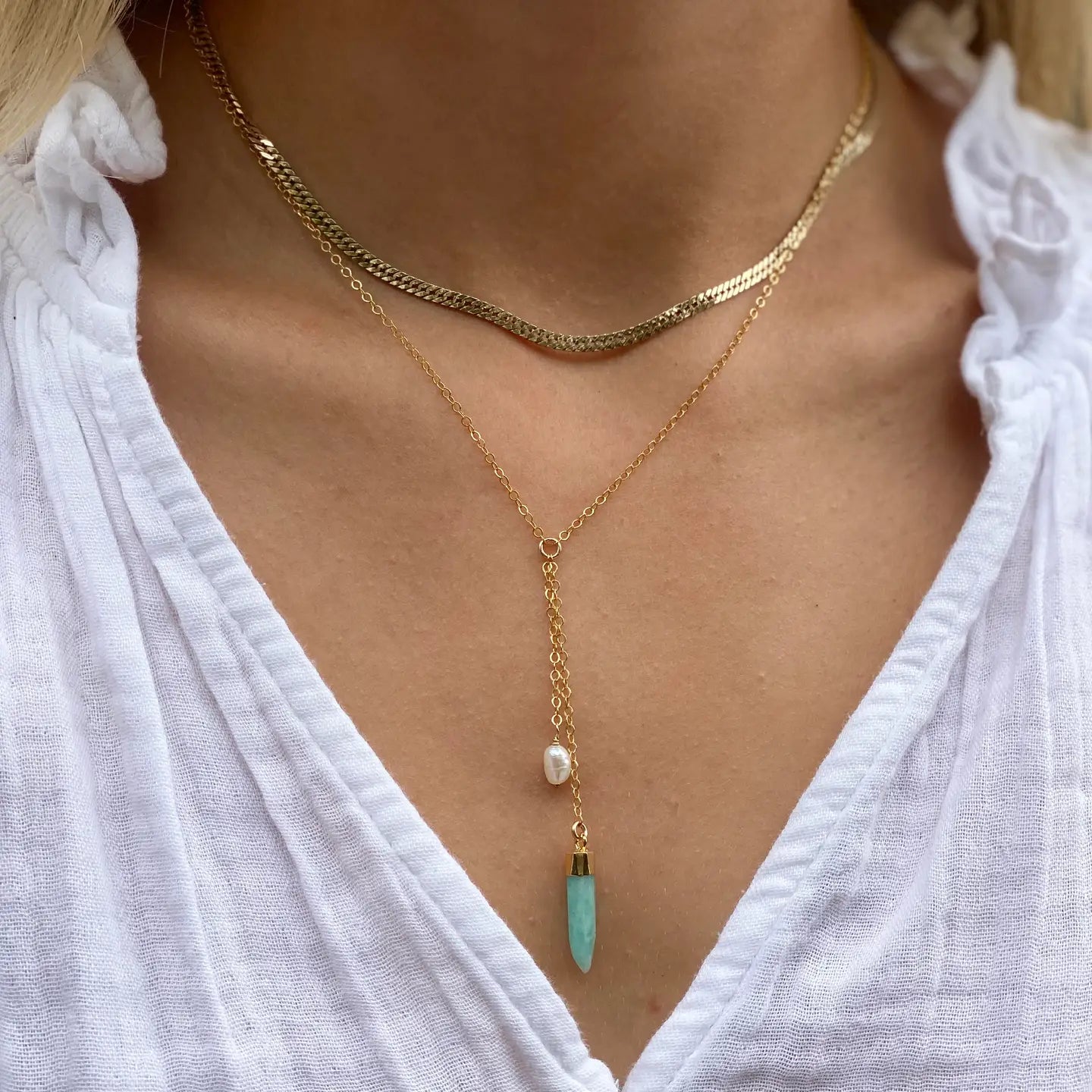 Amazonite and Pearl Lariat Necklace