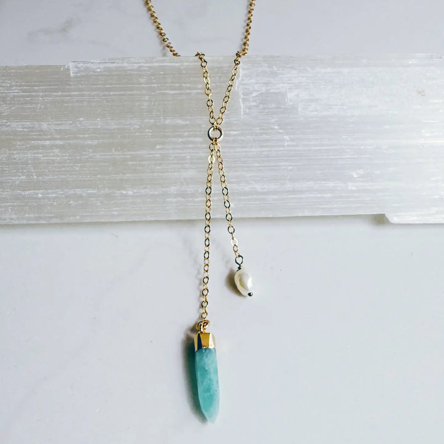 Amazonite and Pearl Lariat Necklace