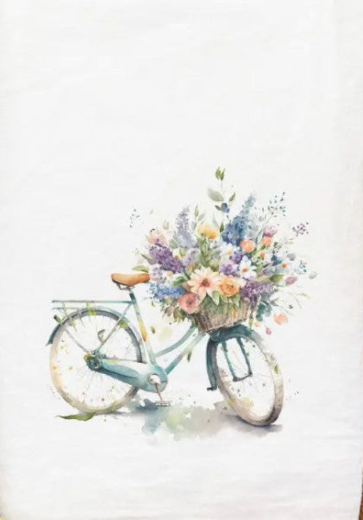 Watercolor Floral Bike Cotton Tea Towel